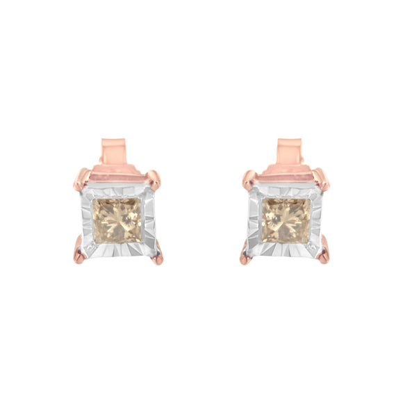 14K Rose Gold Plated Two-Tone .925 Sterling Silver 1/2 Cttw Princess-Cut Square Diamond Solitaire Miracle-Plate Stud Earrings (K-L Color, I2-I3 Clarity)