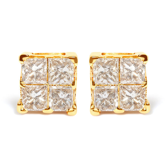 10K Yellow Gold 3/4 Cttw Invisible Set Princess-Cut Diamond Composite Square Stud Earrings (I-J Color, I2-I3 Clarity)