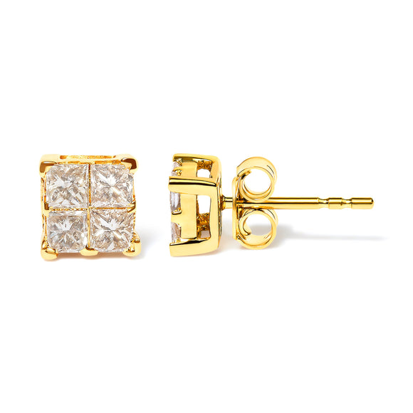 10K Yellow Gold 3/4 Cttw Invisible Set Princess-Cut Diamond Composite Square Stud Earrings (I-J Color, I2-I3 Clarity)