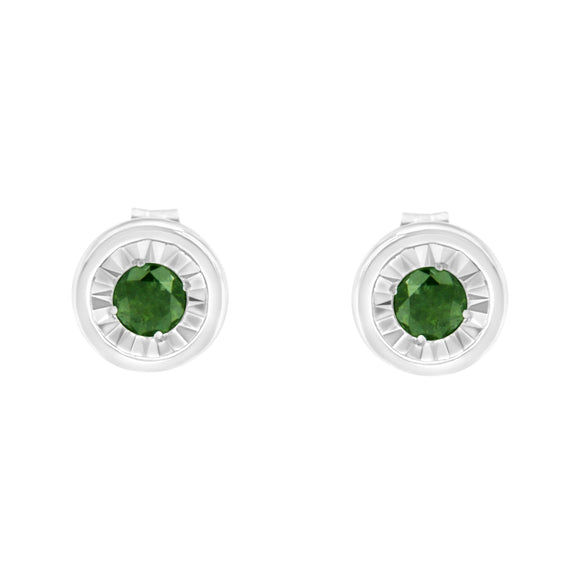 .925 Sterling Silver 1/4 Cttw Round Brilliant-Cut Green Diamond Miracle-Set Stud Earrings (Fancy Color-Enhanced, I1-I2 Clarity)