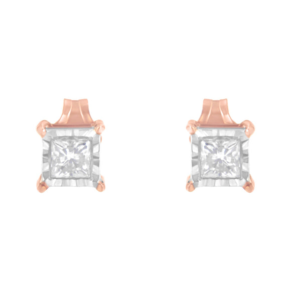 14K Rose Gold Plated Two-Tone .925 Sterling Silver 1/2 Cttw Princess-Cut Square Near Colorless Diamond Solitaire Miracle-Plate Stud Earrings (J-K Color, I2-I3 Clarity)