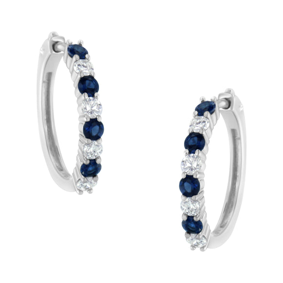 10K White Gold, Â½ Cttw Diamond, & Â½ Cttw Lab-Grown Blue Sapphire Leverback Hoop Earrings (H-I Color, I1-I2 Clarity)