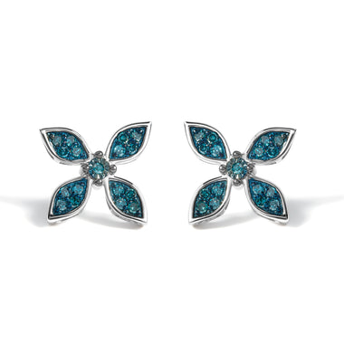 .925 Sterling Silver 1/3 Cttw Blue Diamond Floral Earrings