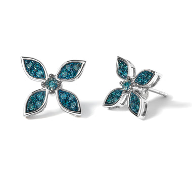 .925 Sterling Silver 1/3 Cttw Blue Diamond Floral Earrings - 0