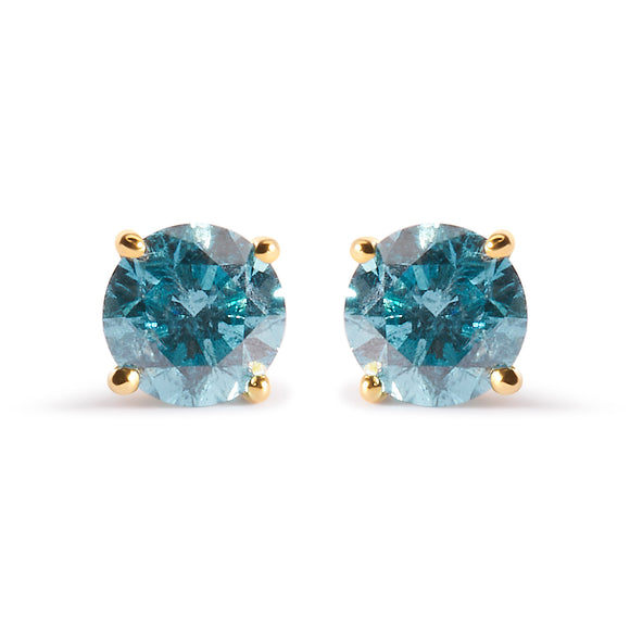 14K Yellow Gold 1.0 Cttw Treated Aqua Blue Diamond Classic Solitaire Stud Earrings (Aqua Blue Color, I2-I3 Clarity)