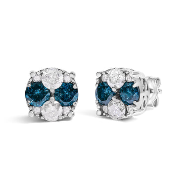.925 Sterling Silver 2.0 Cttw Blue Diamond Composite Cluster Stud Earring - 0