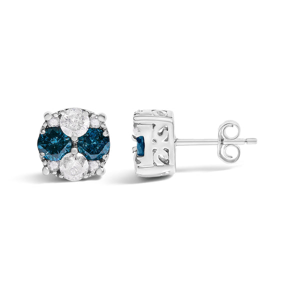 .925 Sterling Silver 2.0 Cttw Blue Diamond Composite Cluster Stud Earring