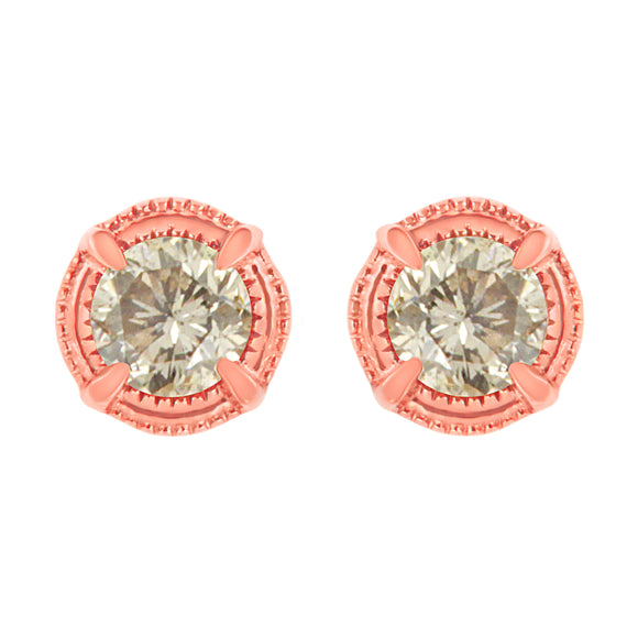 14K Yellow Gold Plated .925 Sterling Silver 1.0 Cttw Round Brilliant Cut Diamond Solitaire Milgrain Stud Earrings (K-L Color, I2-I3 Clarity)