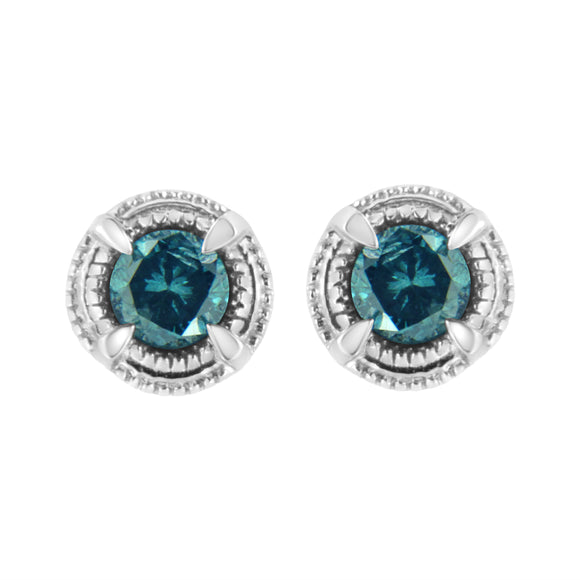 .925 Sterling Silver 1 cttw Treated Black Diamond Modern 4-Prong Solitaire Milgrain Stud Earrings (Black Color, I1-I2 Clarity)