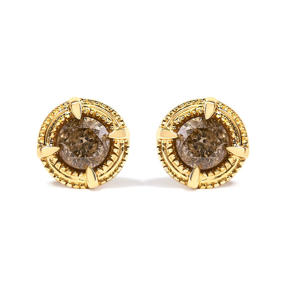 14K Yellow Gold Plated .925 Sterling Silver 1.0 Cttw Round Brilliant Cut Diamond Solitaire Milgrain Stud Earrings (K-L Color, I2-I3 Clarity)