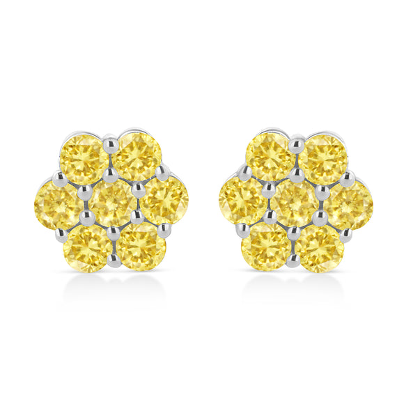 .925 Sterling Silver 1/4 Cttw Treated Yellow Diamond Floral Stud Earrings (Yellow Color, I1-I2 Clarity)