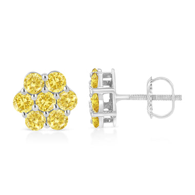.925 Sterling Silver 1/4 Cttw Treated Yellow Diamond Floral Stud Earrings (Yellow Color, I1-I2 Clarity) - 0