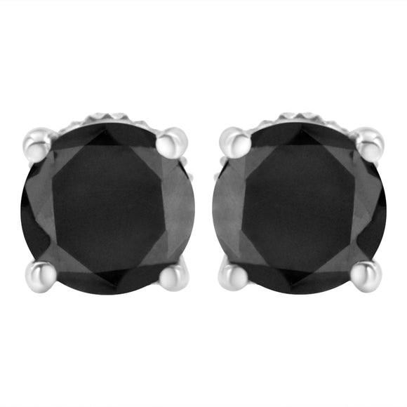 14K White Gold 2.00 Cttw Round Brilliant-Cut Black Diamond Classic 4-Prong Stud Earrings with Screw Backs (Fancy Color-Enhanced, I2-I3 Clarity)