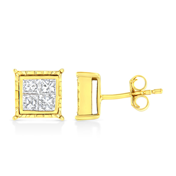 14K Yellow Gold 1 Cttw Princess Cut Diamond Square Stud Earrings