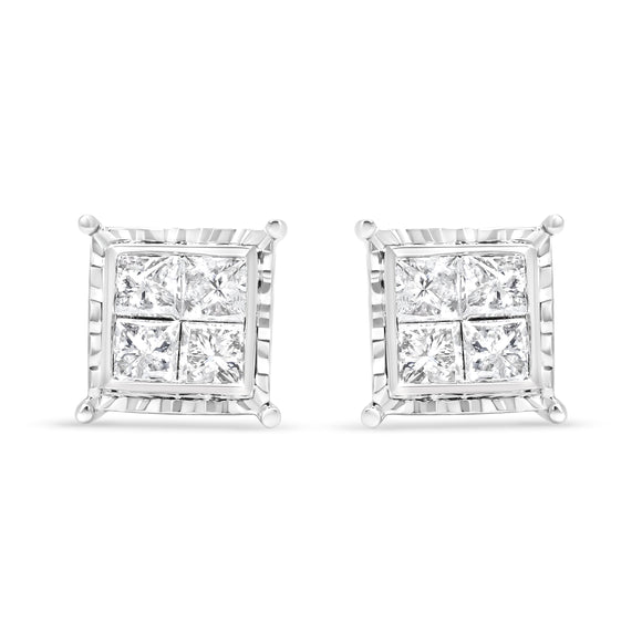 14K White Gold 1 1/2 Cttw Invisible Set Princess-Cut Diamond Contemporary Wavy Quad Stud Earrings (I-J Color, I1-I2 Clarity)