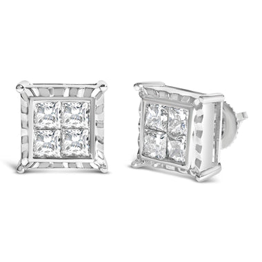 14K White Gold 2.00 Cttw Invisible Set Princess-Cut Lab Grown Diamond Wavy Quad Stud Earrings - 0
