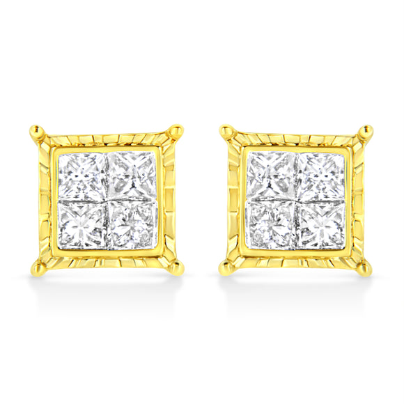 14K Yellow Gold 1 Cttw Princess Cut Diamond Square Stud Earrings