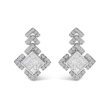 10K White Gold 3/5 Cttw Princess Diamond Geometric Drop Earrings