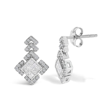 10K White Gold 3/5 Cttw Princess Diamond Geometric Drop Earrings - 0