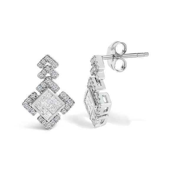 10K White Gold 3/5 Cttw Princess Diamond Geometric Drop Earrings
