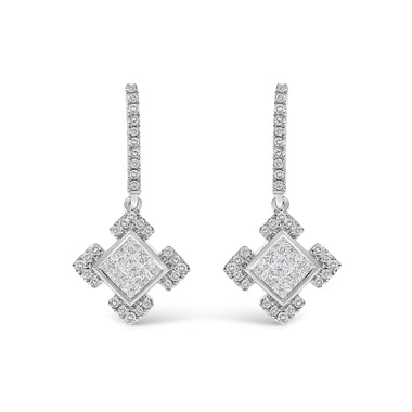 10K White Gold Princess and Round Diamond Geometric Composite Dangle Earrings