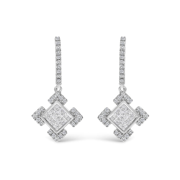 10K White Gold Princess and Round Diamond Geometric Composite Dangle Earrings