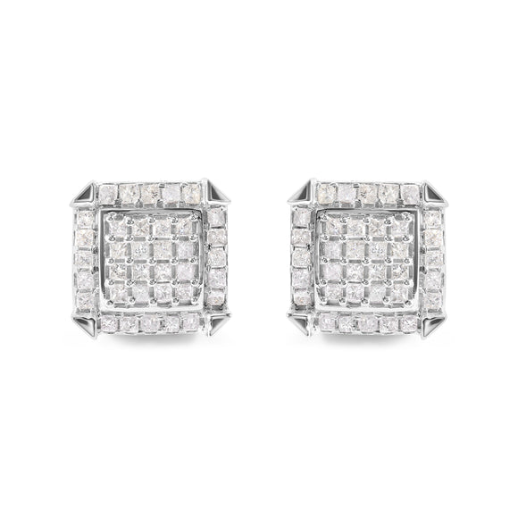 10K White Gold 1 1/10 Cttw Princess Diamond Composite and Halo Stud Earrings (I-J Color, I1-I2 Clarity)