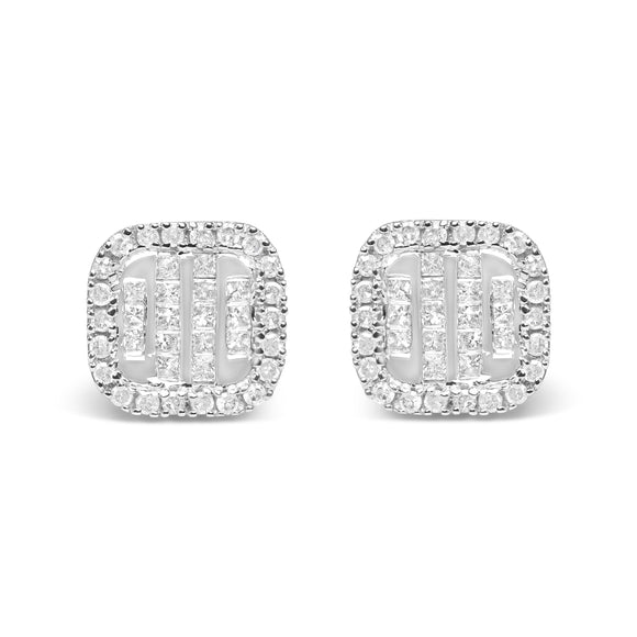 10K White Gold 7/8 Cttw Diamond Princess Composite and Halo Stud Earrings (I-J Color, I1-I2 Clarity)