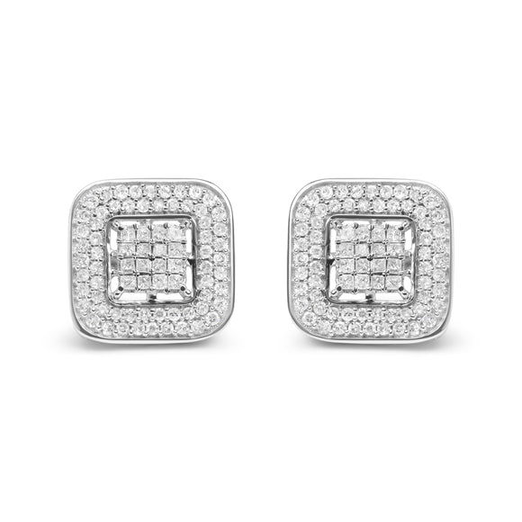 10K White Gold 1.0 Cttw Round and Princess Cut Diamond Composite Open Halo Stud Earrings (H-I Color, SI1-SI2 Clarity)