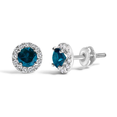 .925 Sterling Silver 1.00 Cttw Blue Diamond Halo Stud Earring - 0