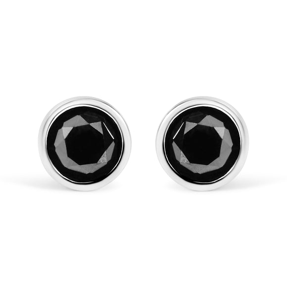 .925 Sterling Silver 4.00 Cttw Round Brilliant-Cut Black Diamond Bezel-Set Stud Earrings with Screw Backs (Fancy Color-Enhanced, I2-I3 Clarity)