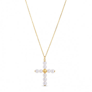 14k Yellow Gold Pearl Cross Pendant