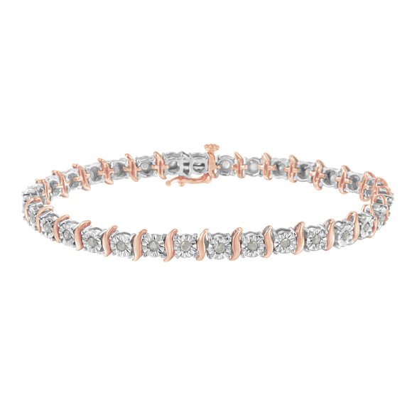 Two-Tone 10K Yellow Gold over .925 Sterling Silver 1.0 Cttw Diamond S-Curve Link Miracle-Set Tennis Bracelet (I-J Color, I3 Clarity) - 7"