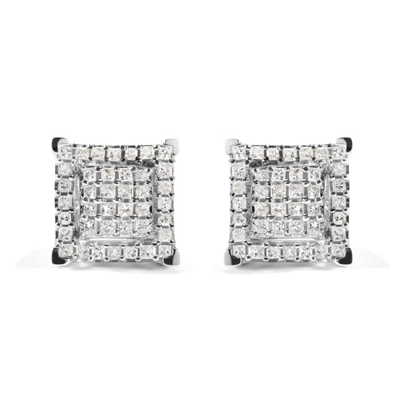10K White Gold 1 1/4 Cttw Princess Diamond Composite Double Square and Halo Stud Earrings (I-J Color, I1-I2 Clarity)