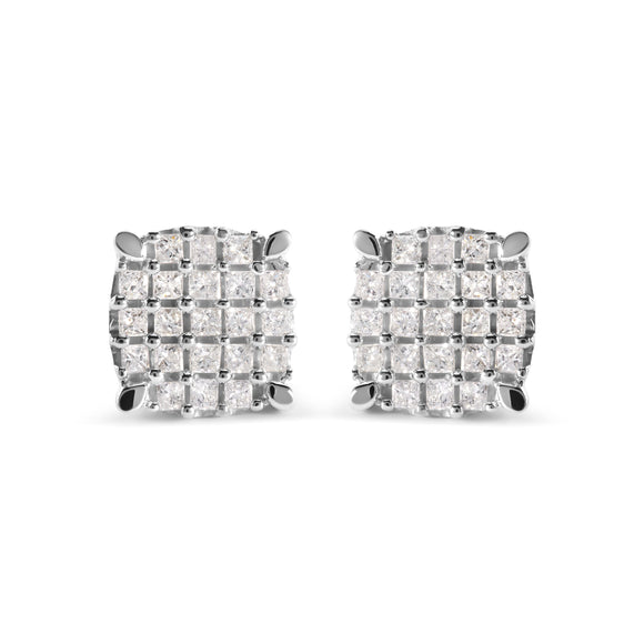 10K White Gold 3/4 Cttw Princess Diamond Composite Cushion Shape Stud Earrings (I-J Color, I1-I2 Clarity)