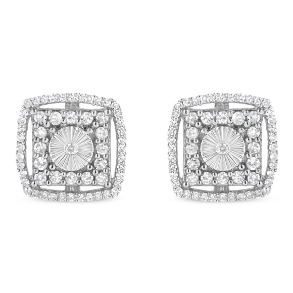 .925 Sterling Silver 1.0 Cttw Round Diamond Double Halo and Disc Stud Earring (I-J Color, I2-I3 Clarity)