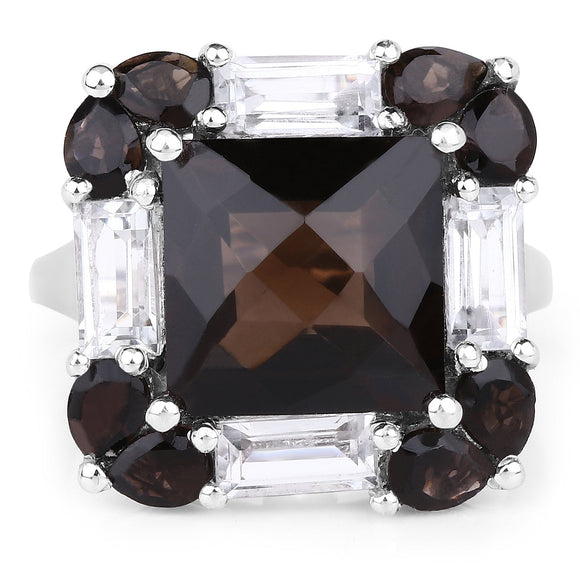 7.43 Carat Genuine Smoky Quartz & White Topaz .925 Sterling Silver Ring