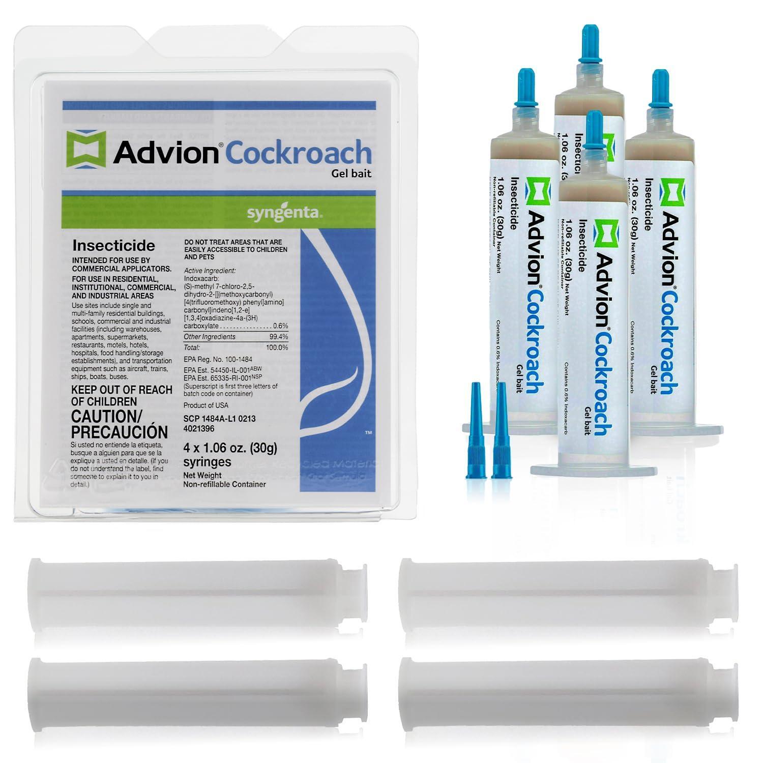 Advion Cockroach Gel Bait, 4 Tubes x 30-Grams, 4 Plunger and 4 Tips, German Roach Insect Pest Control, Indoor and Outdoor Use, Roach Killer Gel for American, German and Other Major Cockroach Species - 0