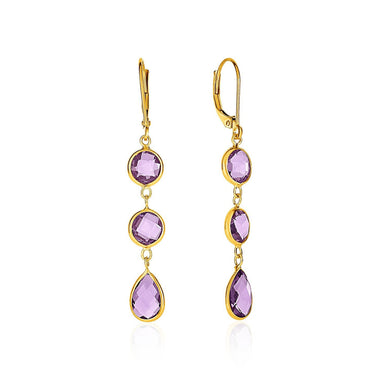 Drop Earrings with Round and Pear-Shaped Amethysts in 14k Yellow Gold - 0