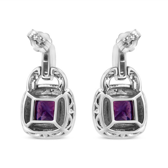 .925 Sterling Silver 8MM Natural Cushion Shaped Amethyst and Diamond Accent Halo with Push Back Dangle Earrings (I-J Color, I2-I3 Clarity)