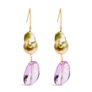 14K Yellow Gold Amethyst and Baroque Pearl Drop and Dangle Earrings 2" Inch Dangle Length-1