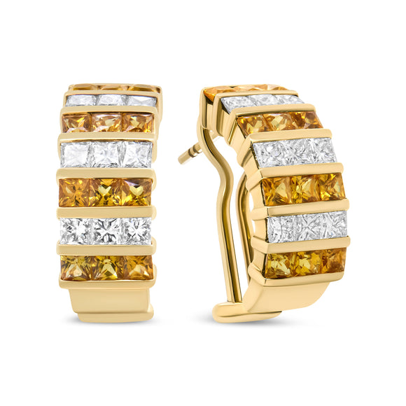 18K Yellow Gold 1 3/4 Cttw Invisible Set Princess Cut Diamond and 2.5mm Yellow Sapphire Huggie Hoop Earrings (F-G Color, VS1-VS2 Clarity)
