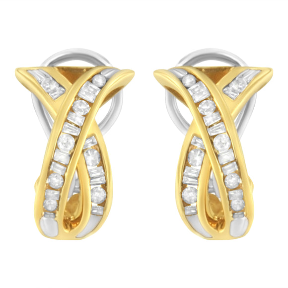14K Yellow and White Gold 1/2 TDW "X" Shape Cross Over Diamond Hoop Earrings (I-J, I2-I3)