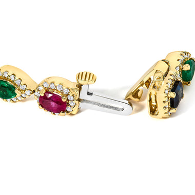 14K Yellow Gold Multi-Gemstone  and Diamond Halo Rainbow Tennis Bracelet - 0