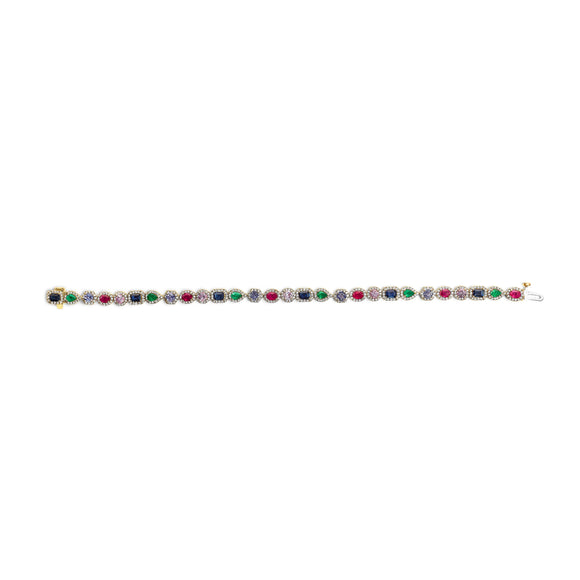 14K Yellow Gold Multi-Gemstone  and Diamond Halo Rainbow Tennis Bracelet