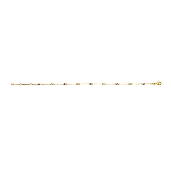 14K Yellow Gold Alternating Red Ruby and White Diamond Bezel Station Chain Bracelet (I-J Color, SI2-I1 Clarity) - 8" Inches