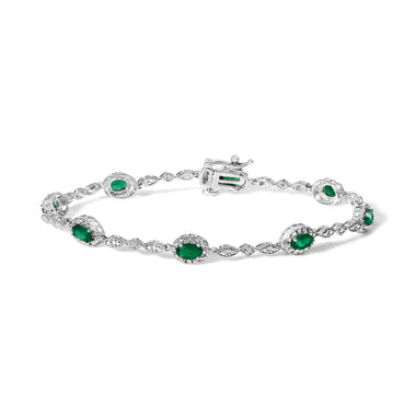 10K White Gold Oval Green Emerald & Diamond Alternating Link Bracelet