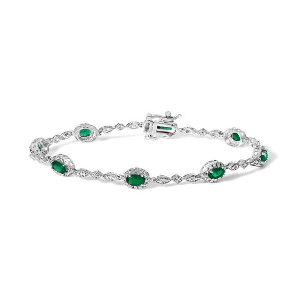 10K White Gold Oval Green Emerald & Diamond Alternating Link Bracelet
