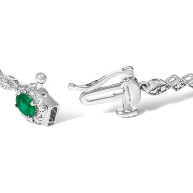 10K White Gold Oval Green Emerald & Diamond Alternating Link Bracelet - 0