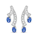 14K White Gold 4x3MM Oval Shaped Natural Blue Tanzanite Gemstone and 1/5 Cttw Diamond Double 3/4" Inch Drop Stud Earrings (H-I Color, VS1-VS2 Clarity)-1